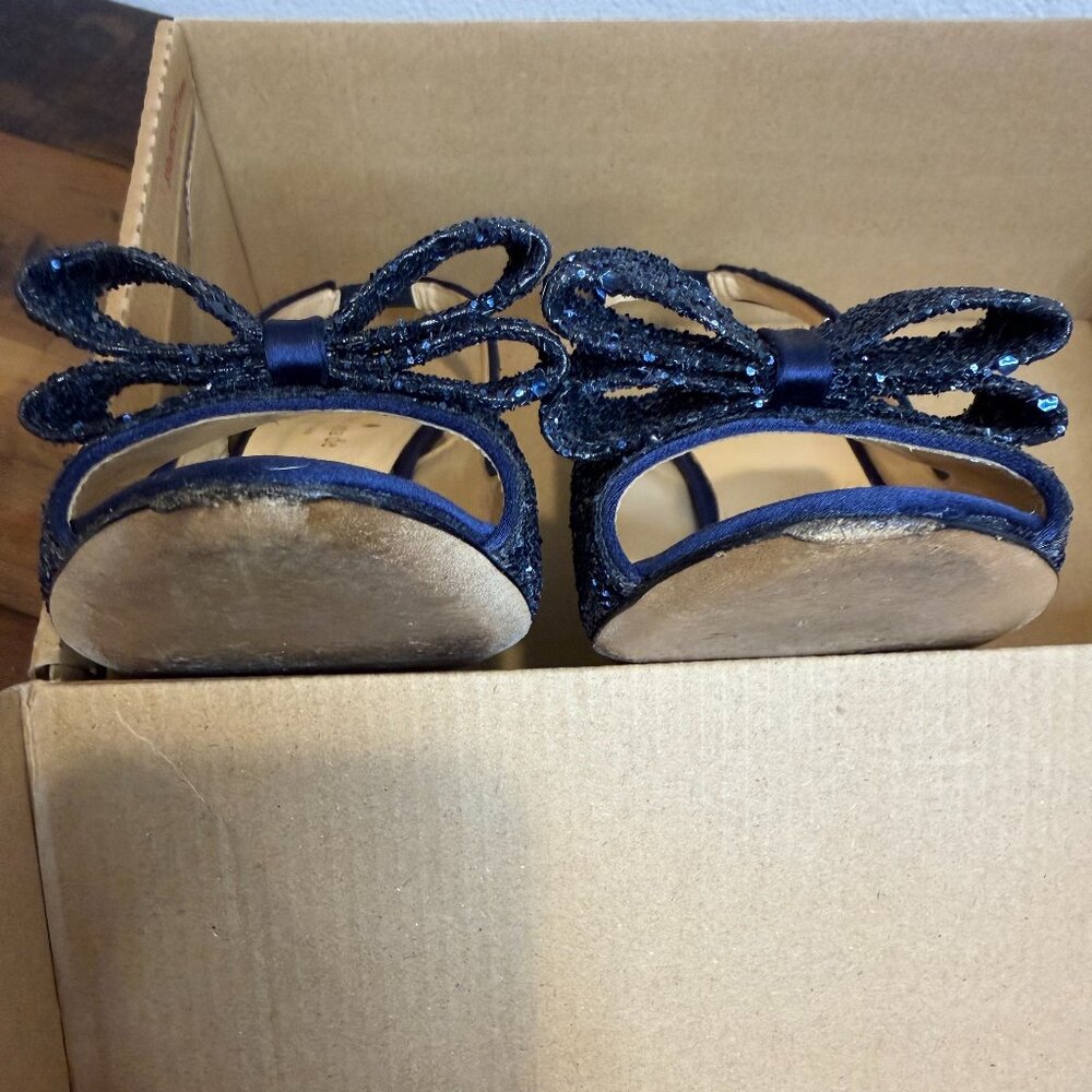 KATE SPADE Navy Glitter Blue Bow Slingback Charm Heels 8 designer glam couquette - Picture 13 of 13